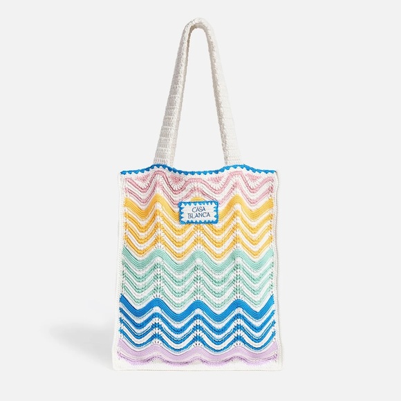 Casablanca Knit Crochet Beach Bag White Multicolor Zigzag Tote Wave Gradient